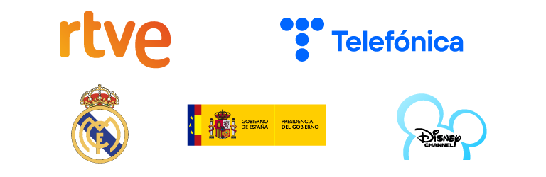 Logos de clientes de SIET: RTVE, Telefónica, Real Madrid, Presidencia del Gobierno de España y Disney Channel